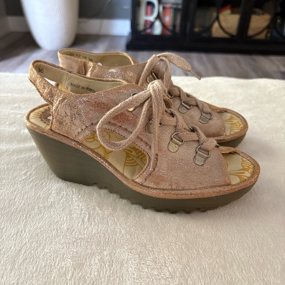 Fly London Beige Lace-Up Wedges
